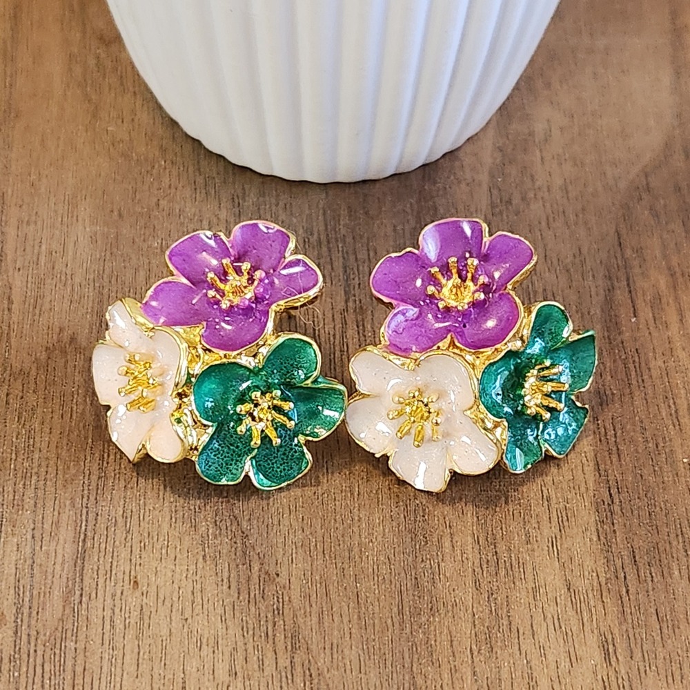 Gold Tone Enamel Flower Cluster‎ Stud Earrings Purple White Teal Floral 0.75"